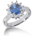 Blue Topaz Ring in Platinum with 12 diamonds (0.6ct)